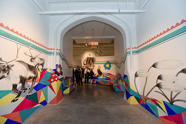 Mural by an Inuit artist guides visitors through the Canada Goose Arctice Gallery